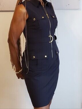 Sharagano Navy Blue Utility Dress Sleeveless Zip-Front Belted Size 4